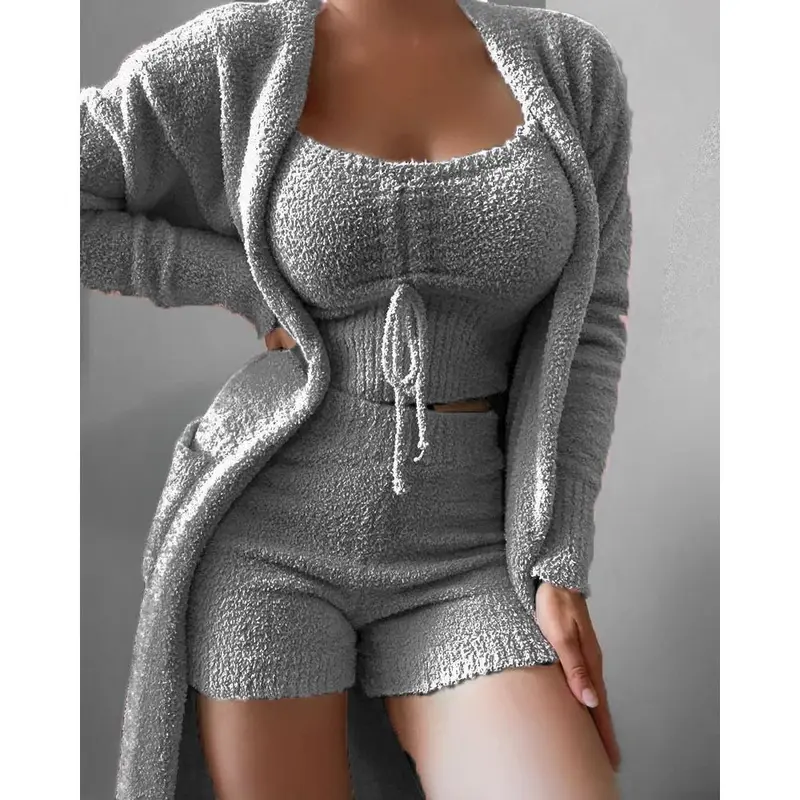 2025 New Women's Clothing stuffed Three-piece Tie Pajamas Set plaid Casual Suit Home Service 1