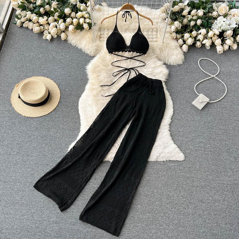 Product Introduction of SINGREINY Women Summer Knitted Set Halter Short Tops+ Hollow Wide Leg Long Pants Sets Shell Beach Sexy Backless Two Piece Suits 14