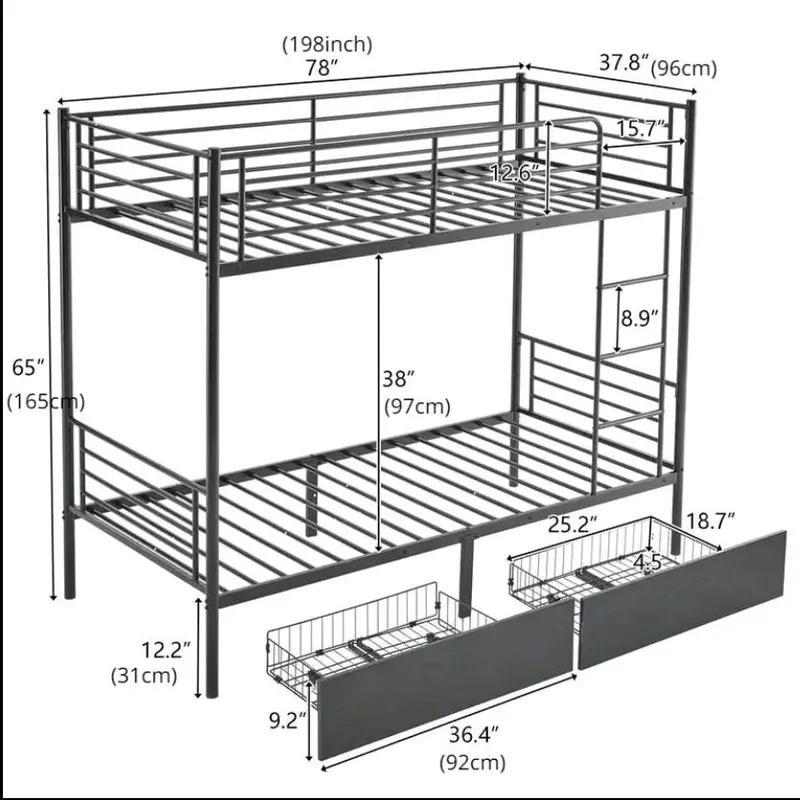 A Must for the Bedroom: 96.01cm Double Metal Loft Bed Frame with 2 Storage Drawers and Guardrail 1