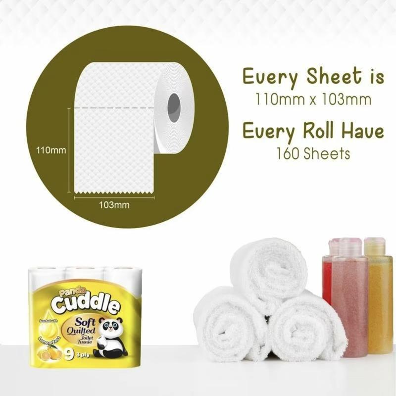 Panda Cuddle SOFTEESE 90 Soft Quilted Toilet Rolls - Enriched with Lemon Zest & Aloe Vera Fragrance -3 Ply Toilet Tissues 5*9 Pack Lemon & 5*9 Pack Aloe Vera Personal Wipes 5