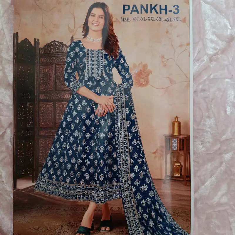 Blue and Gold - 2 piece Gold printed Anarkali dress with matching duppata, Asian, Dress, Pakistani, Indian 0