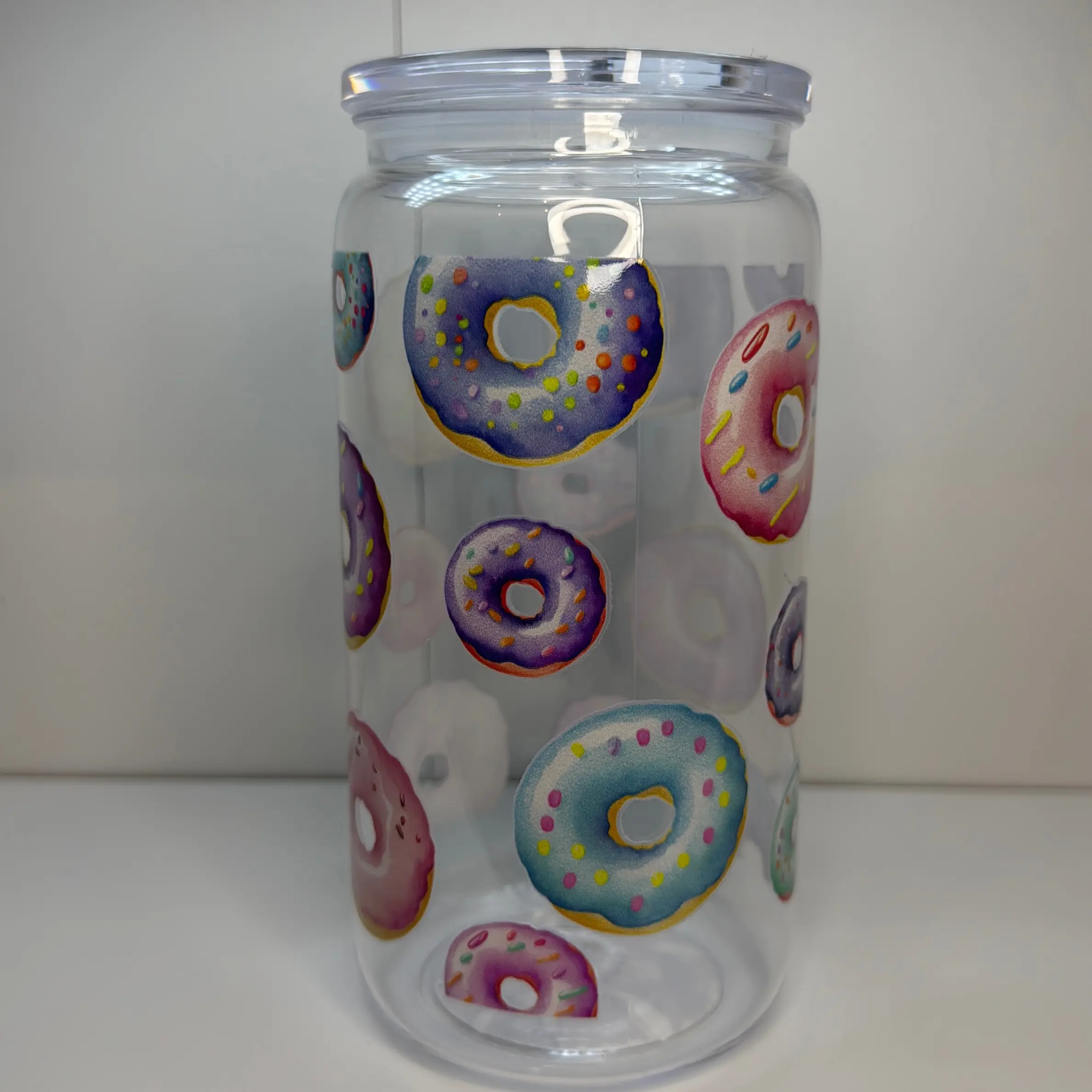 Donut Plastic Can Cup with Straw and Lid - Perfect for Drinks - Coffee, Glass