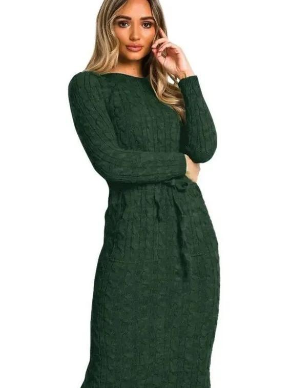 Ladies Women long Midi Cable Knitted Pocket Tie up Party Jumper Dress Casual Comfort Crewneck Soft Womenswear Chic Comfortable Cute Piece Sleeve Style Summer 6