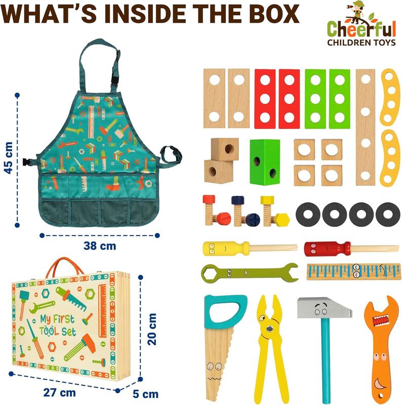Cheerful Children Toys High-Grade Kids Tool Set - 36 Pcs Wooden Tool Set for Kids 3-7 - Include Portable Tool Box & Adjustable Apron - DIY Gift for Young Builders - Play Tools for Creativity & Fun 4