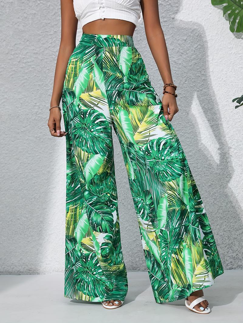 Product Introduction of Women'S Bohemian Floral Print Chiffon Wide-Leg Pants - High Waist, Elastic Waistband, Long Beach Trousers for Summer Vacation, Casual Elegant Style 2