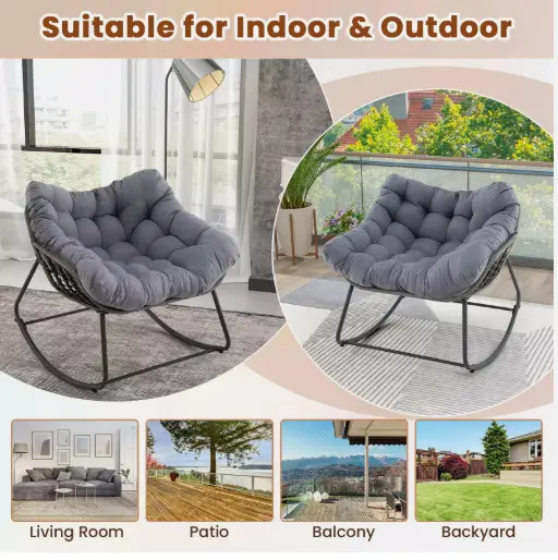 Rocking Egg Chair Oversized Indoor-Outdoor - Comfortable PE Wicker Patio Lounge Chair in Grey 4