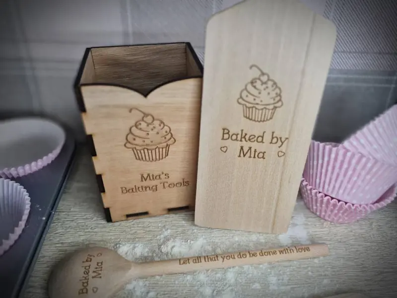 6 piece Personalised baking set, Beautiful gift for child baker,  Kids pretend play present - kitchen - birthday - christmas - bakery set 5