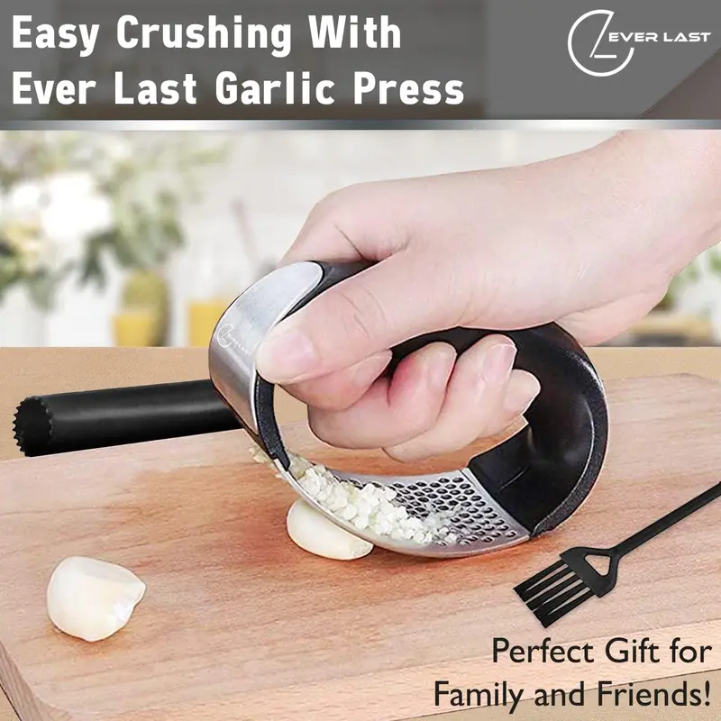 Garlic Press with Steel Edge - Stainless Steel - Premium Quality Kitchen Utensil for Easy Garlic Peeling and Cleaning - Utensils 6
