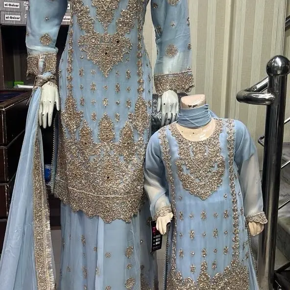 Ice Blue Chiffon Dress for Women - 3 Piece Set - partywear, Womenswear