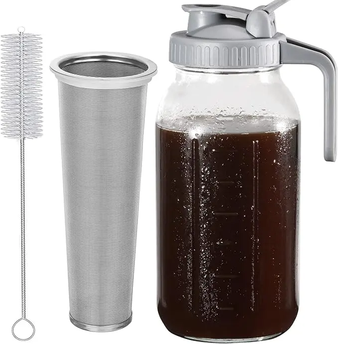 Cold Brew Coffee Maker Pitcher, 64 Oz Heavy Duty Wide Mouth Glass Mason Jar pour spout Lid with Stainless Steel Filter for Iced Coffee, Ice Lemonade, Fruit Drinks, Sun Tea 1
