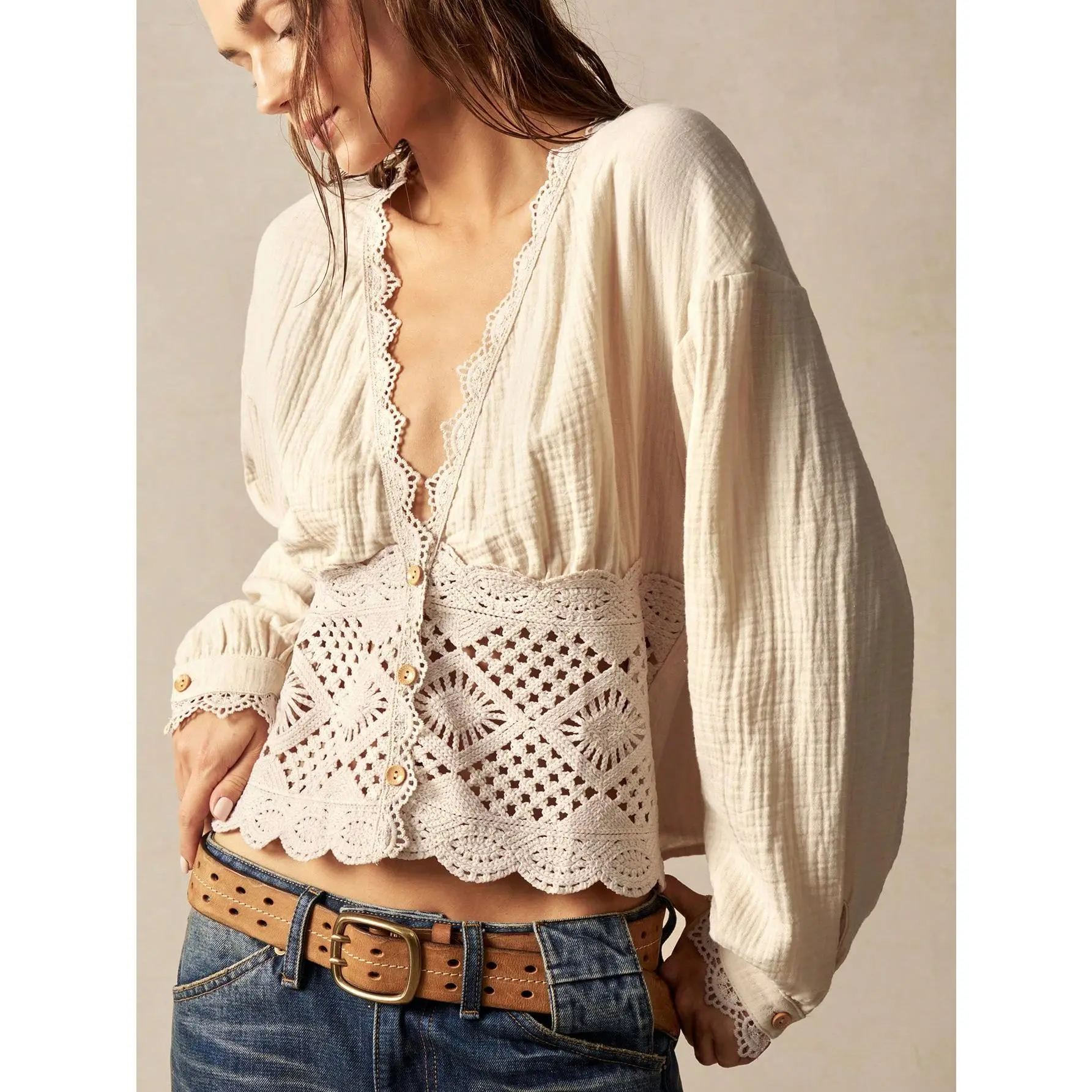 Bohemella Casual Solid Color Woven Patchwork Floral Lace V-Neck Lantern Sleeve Cropped Loose Blouse For Women Cotton Fabric