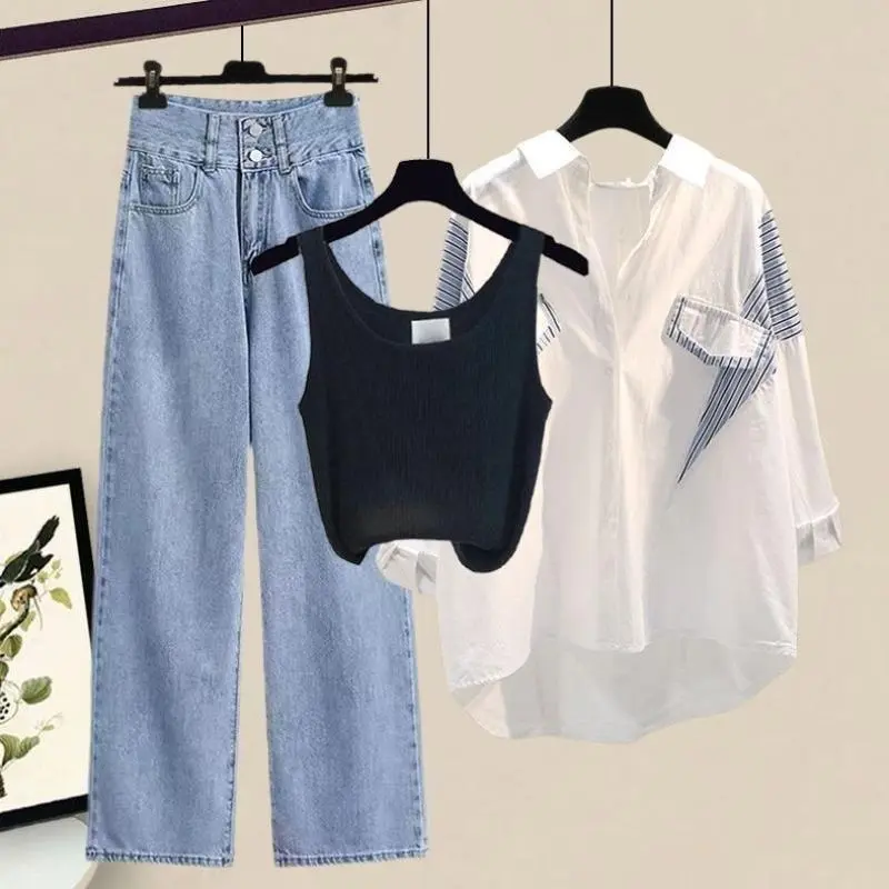 2024 Women's Autumn New Striped Long Sleeve Shirt+Knit Vest+Jeans 3-Piece Suit Korean Elegant Cardigan Denim Pants Matching Set 1
