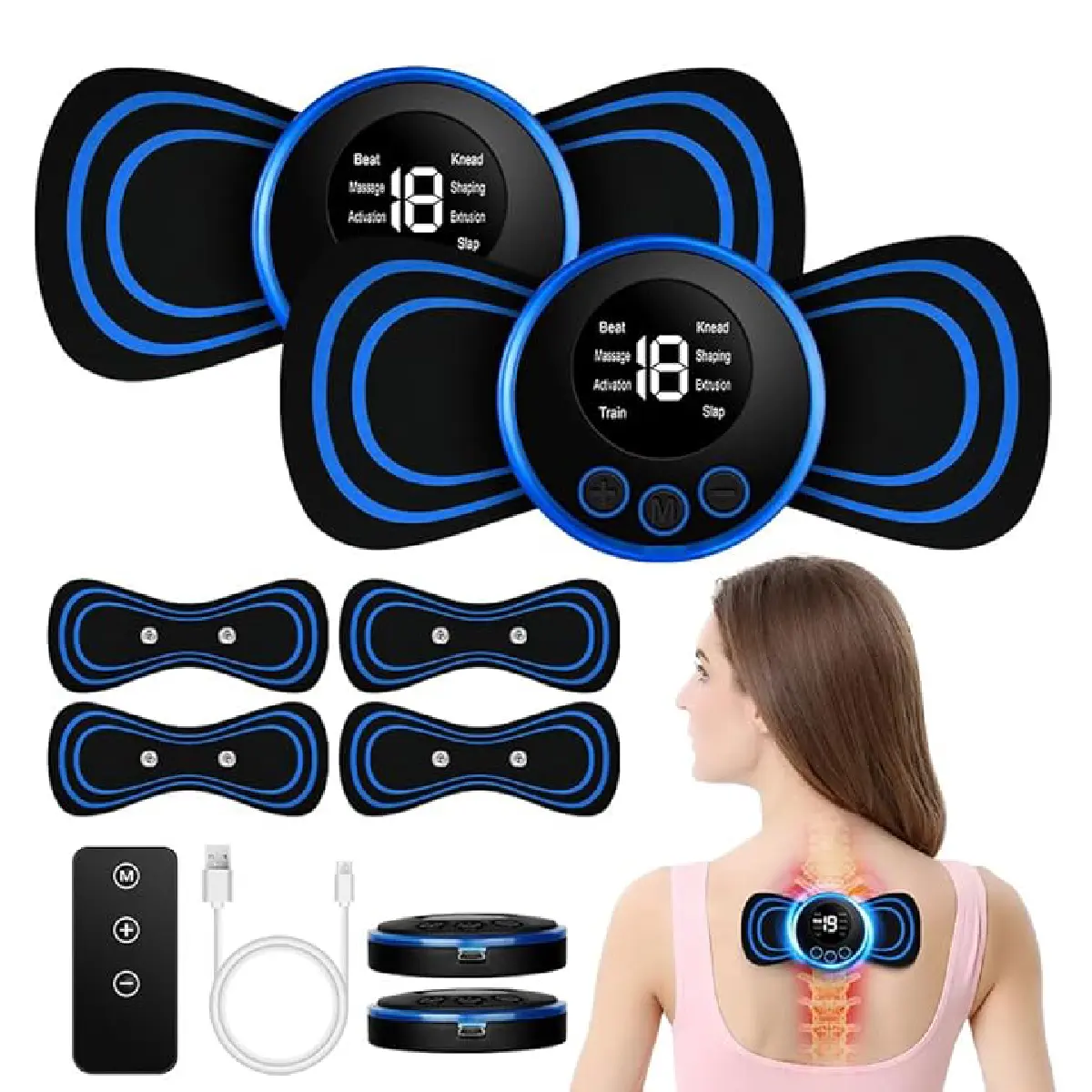 Mini Neck Massager, 4PCS Portable & Rechargeable Cordless Cervical Pad for Whole Body, Microcurrent EMS Neck Massager for Arms, Neck, Back, Waist and Legs [ with Remote Control] Ramdan sale 50% off on Ramdan Comfort