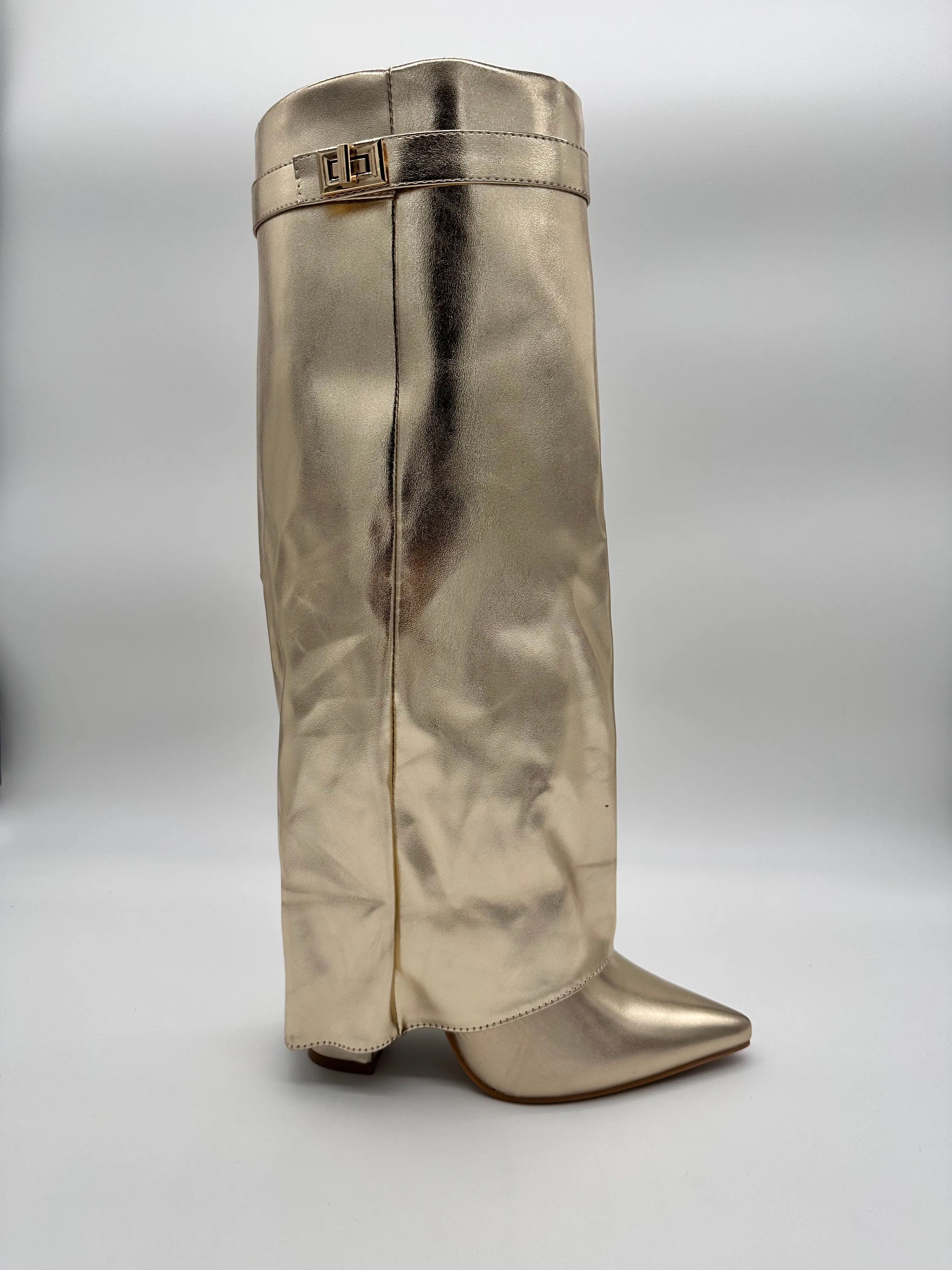 JESSIE Gold Trendy Buckle Wedge Festival Cowboy Boot