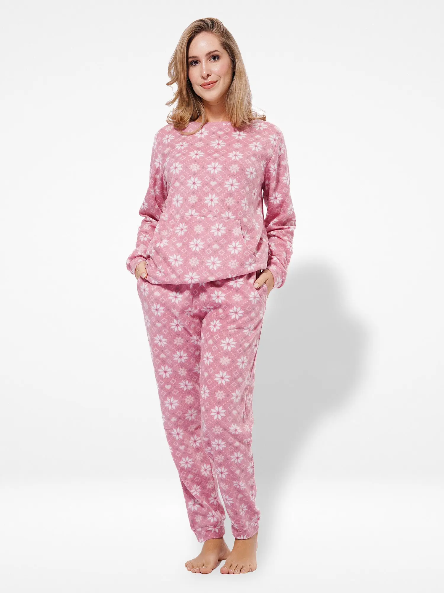 Christmas Flower Print Women Long Sleeve Pyjama Set with kangaroo pocket