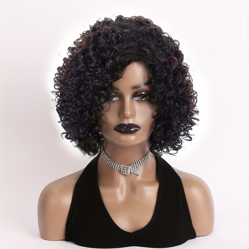Elegant Afro Curly Kinky 12-inch Short Wig for Women, Elastic Cap, 130% Density, High Temperature Fiber, Natural Black and Brown, Heat Resistant Synthetic Hair Replacement for Daily Wear, Festive Outfits, and Parties 1