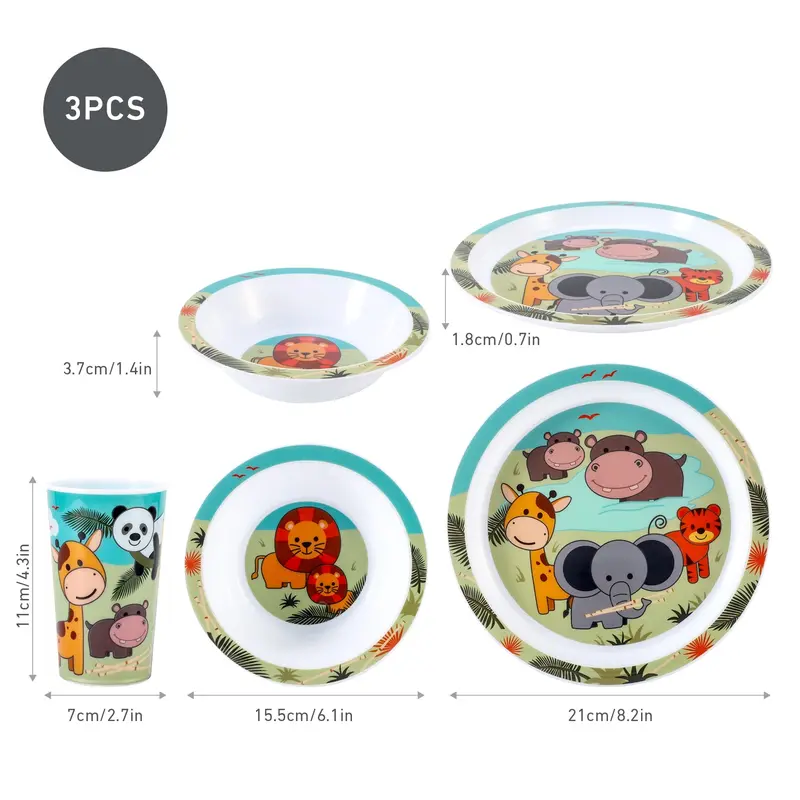 Animal 3Pcs Coloured Dining Set - Plate, Bowl and Tumbler Dinnerware Set for Children, BPA Free 1