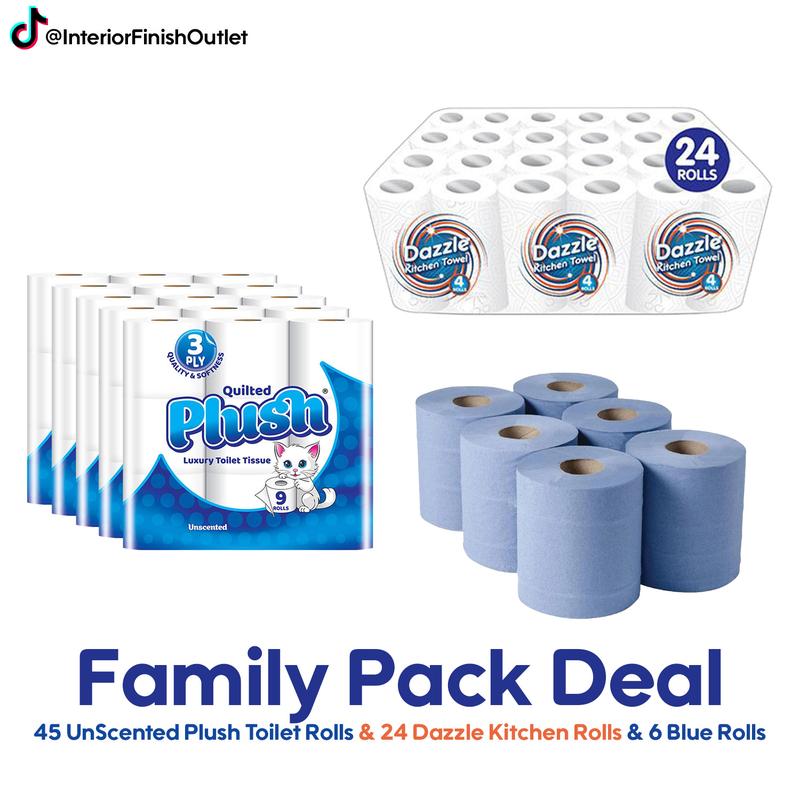 45 x Toilet rolls 3Ply, 24 x Kitchen Rolls, 6 x Blue Centrefeed Rolls, Luxury Quilted, Soft and gentle, Flushable Eco-friendly Disposable Sustainable, Family Sheets Wipes soft Bathroom Set 0
