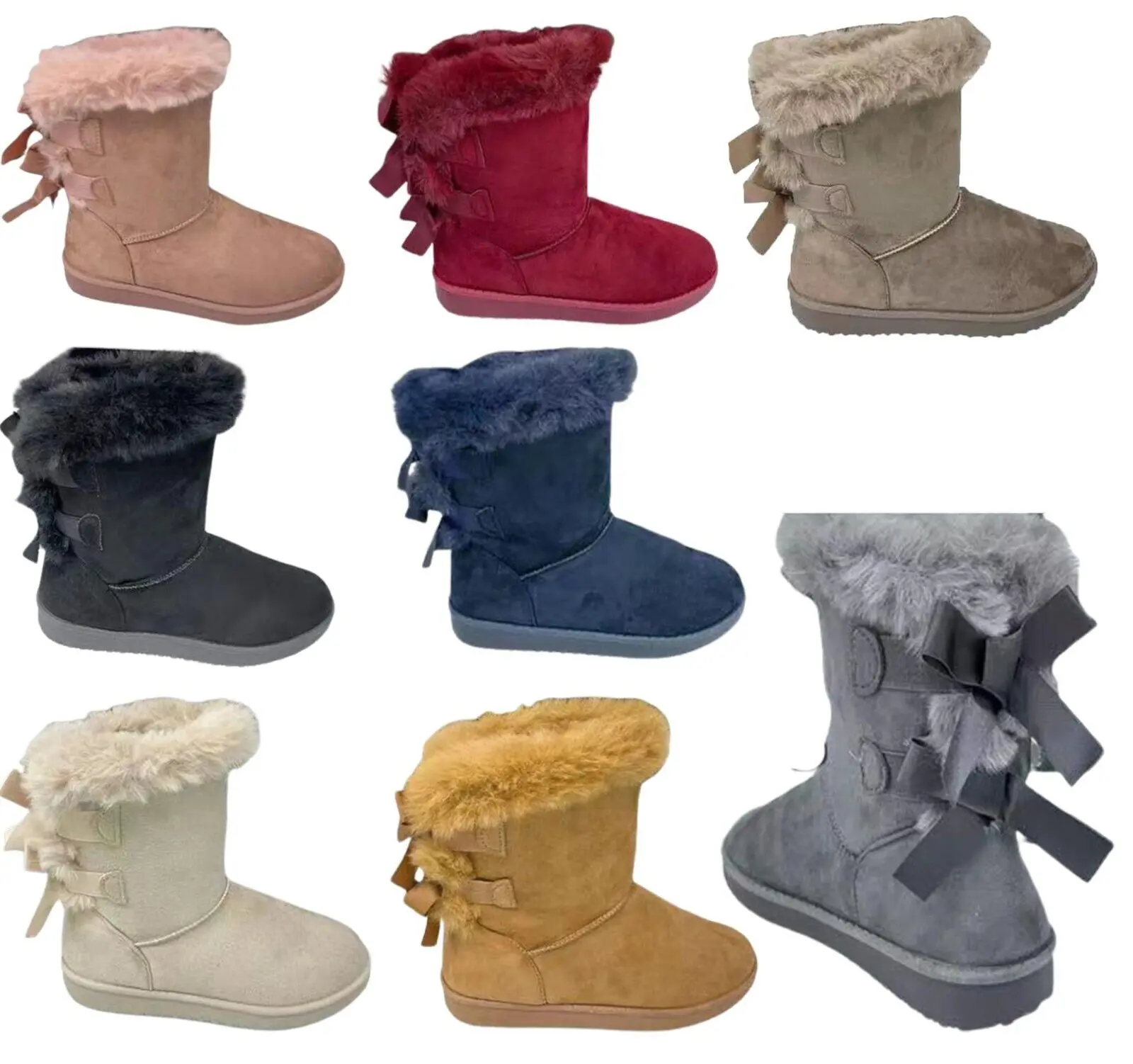 Women's Flat Fur Ribbon Bow Winter Warm Low Heel Ladies Ankle Boots Shoes Size