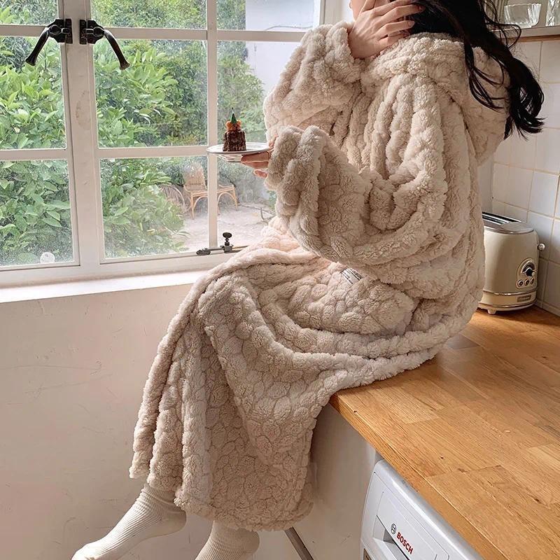 Pocket Robe for Women Sleepwear Winter Nightdress Night Wears Warm Fleece Pajama One Piece Nightgown Hooded Sleeping Homewear 3