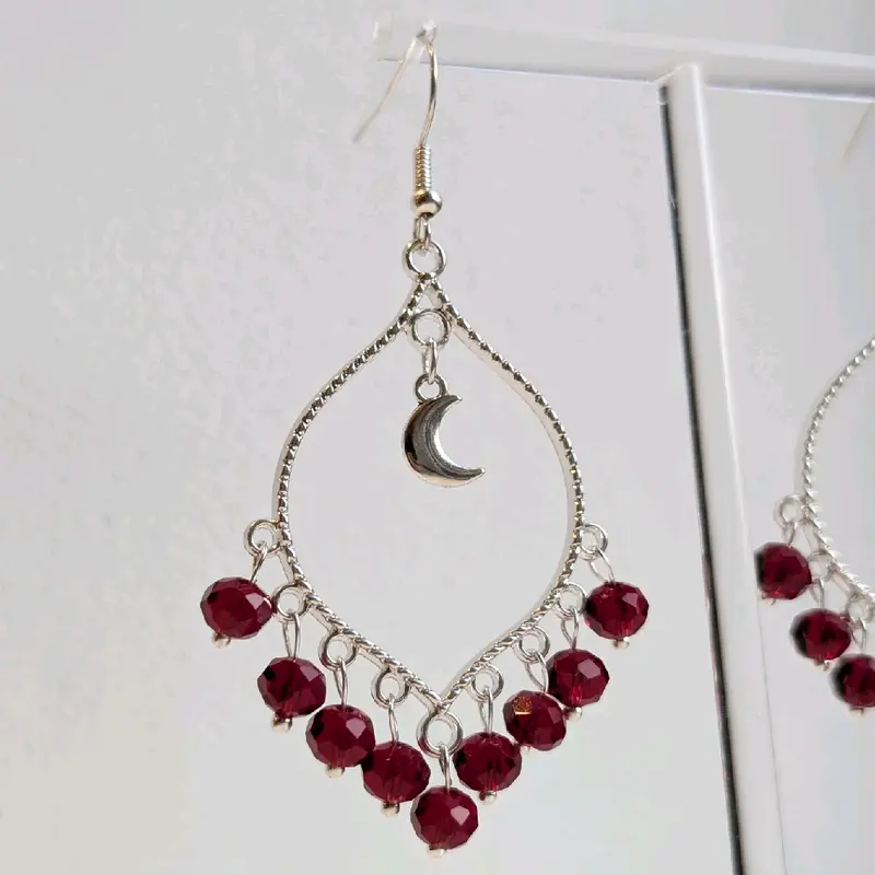 Hand-Made Silver Moonlight Maroon Crystal Bead Earrings for Women - Unique Design 4