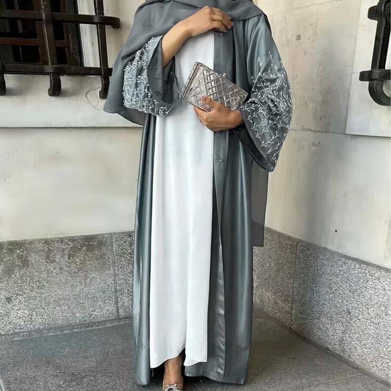 Product Introduction of HS1024 1pcs Satin Cardigan Handmade Beaded Dress Abaya 5