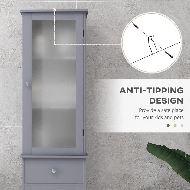 kleankin Bathroom Storage Cabinet with 3-tier Shelf Drawer Door, Floor Cabinet Free Standing Tall Slim Side Organizer Shelves, Grey 6