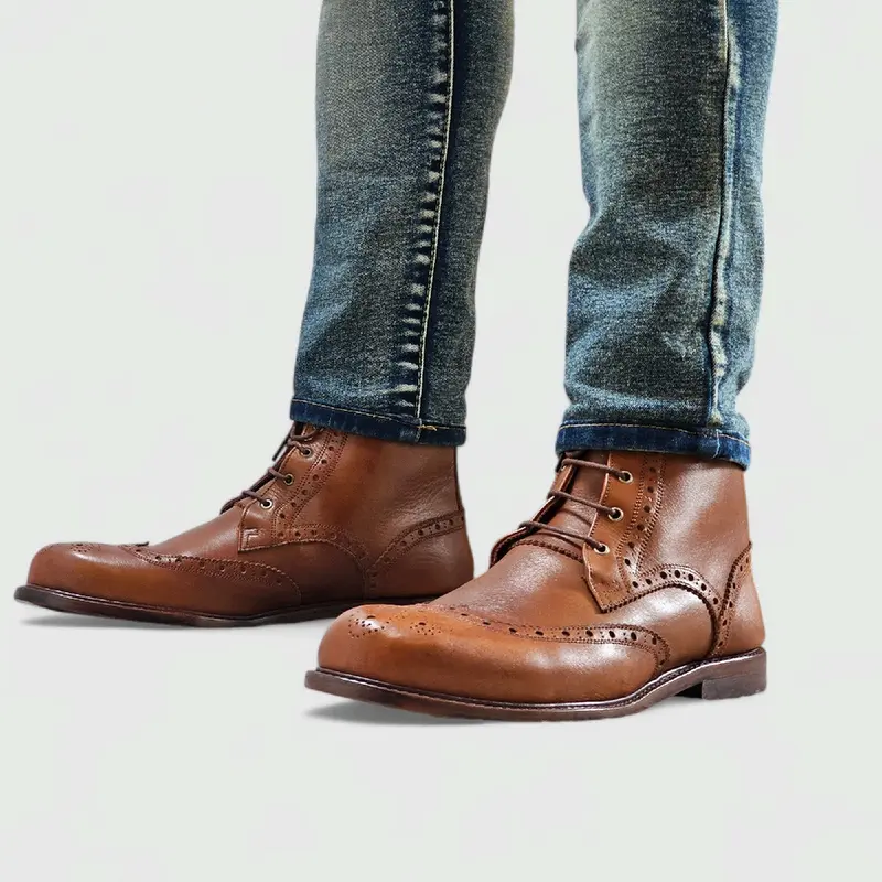 Faj Men's Lace up Ankle Brogues Boot Footwear - Classic brown leather 7