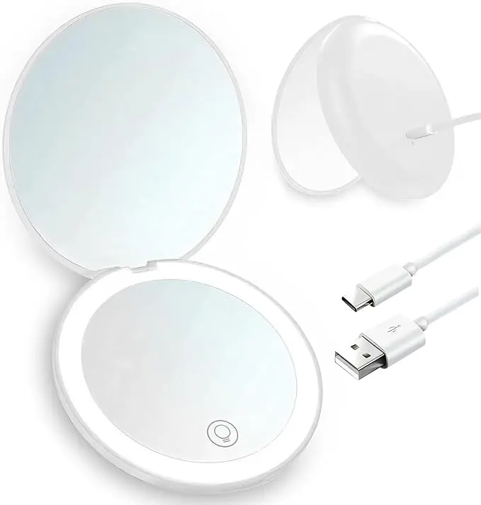 1X/5X Magnifying Travel Folding Compact Pocket Makeup Mirror with Light 3 colors Cosmetic Mirror Portable Rechargeable Touch