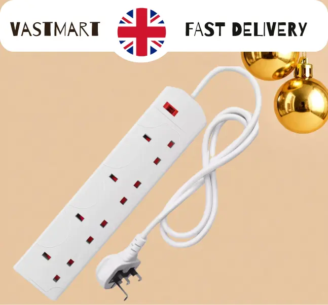 DESIRETECH Black Electric Extension Lead - 4 Gang, 3 Pin Cable with UK Plug