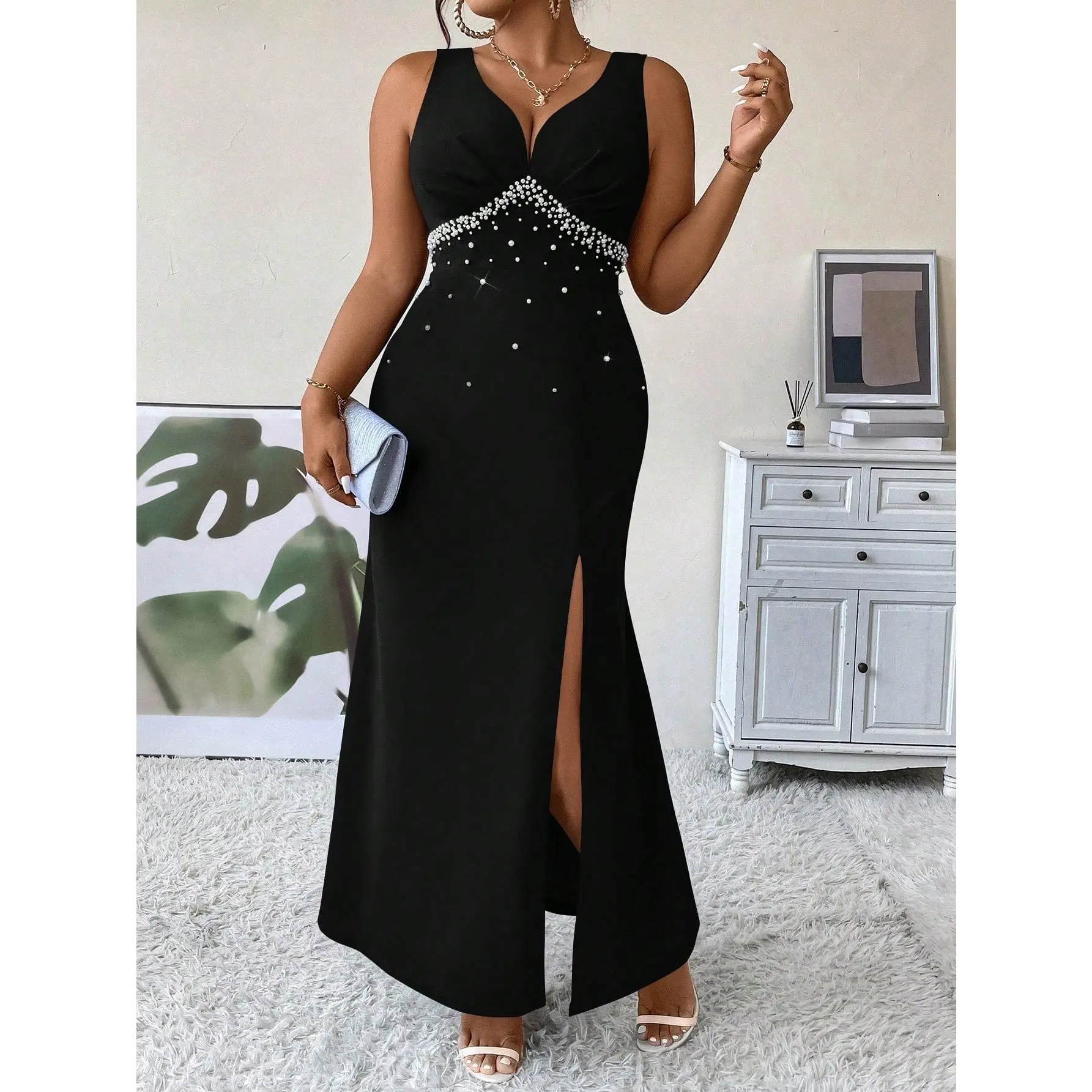 Belle Plus Pearls Beaded Split Thigh Tank Dress Maxi Women Outfit