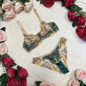 LILIOSA LINGERIE Amazonile Elegance High Quality Multicolor Floral Satin Green Contrast Lace 2 Piece Lingerie Set  (Bra - clasp + Pants - non adjustable) Comfortable Womenswear Underwear, Chic Sexy Lingerie, Comfort, Elegant Everyday Spring Summer Outfits
