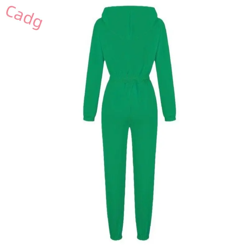 Women's Solid Drop Shoulder Drawstring Hooded Jumpsuit, Casual Long Sleeve Zipper Jumpsuit for Fall & Winter, Women's Clothes for Daily Wear 8