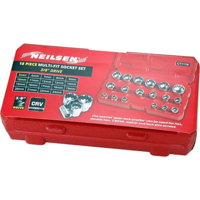 Neilsen Metric Multi Drive Sockets 6mm - 24mm Socket Set In Bmc 18pc 3/8" 1