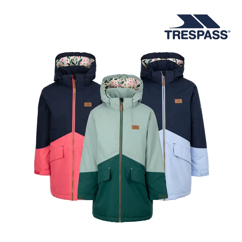 Trespass Kids Waterproof Jacket Oleta - Raincoat For Kids with Removable Hood, Windproof Padded Jacket with Taped Seams, Two Tone Girls Rain Coat with Pockets 0