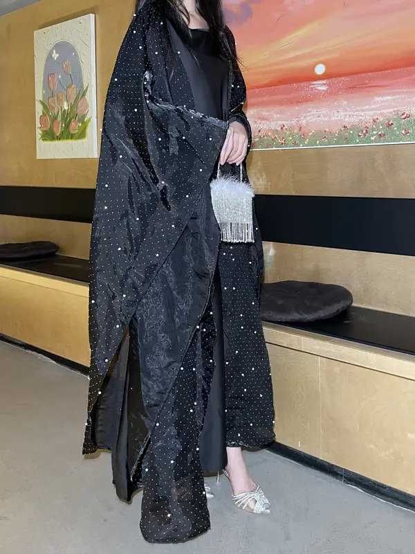 #LY02 Ramadan Promotion Shiny pearl organza abaya, two pieces set with satin inner dress classic abaya 5