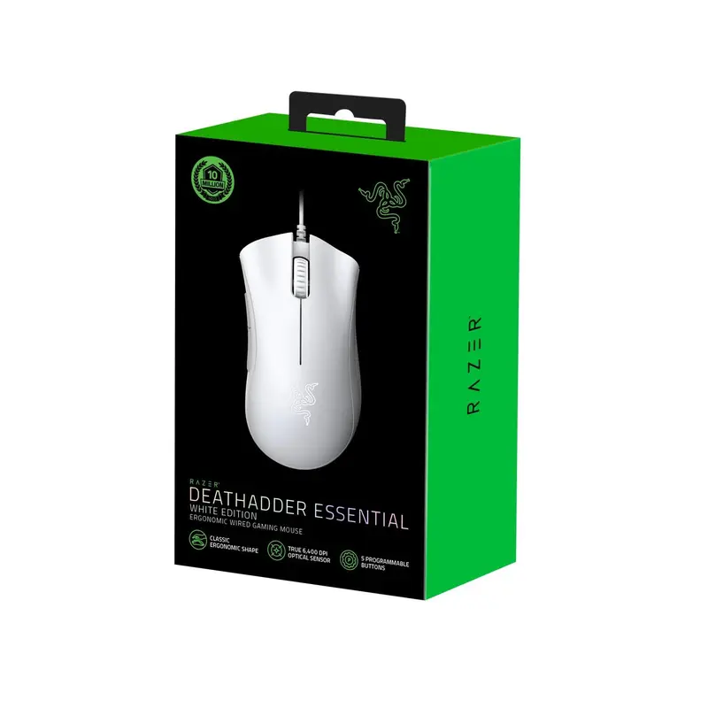 Razer DeathAdder Essential (2021) - Wired Gaming Mouse (Optical Sensor, 6400 DPI, 5 Programmable Buttons, Ergonomic Form Factor) White 2
