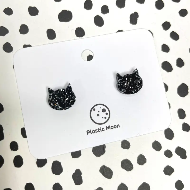 Black Glitter Cat Shaped Handmade Acrylic Stud 0