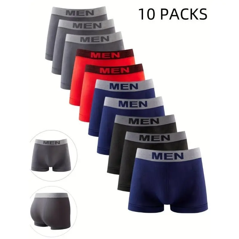 10pcs Comfy Mens Boxer Briefs - Soft, Breathable, Seamless, Medium Stretch Polyester Trunks with Elastic Waistband for Casual Daily Wear - Solid Color, Knit Fabric, No Sheer Menswear Underwear 0