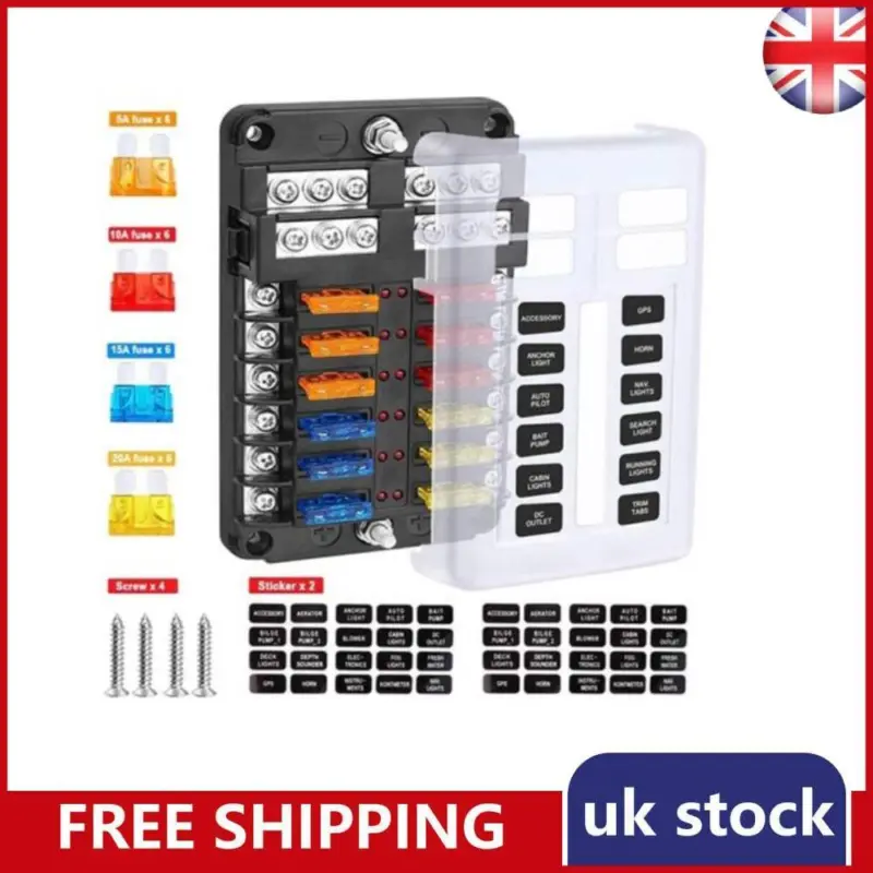 12V 32V 12 Way Blade Fuse Box Block & Car Marine FuseBox Holder Bus Bar Car Kit