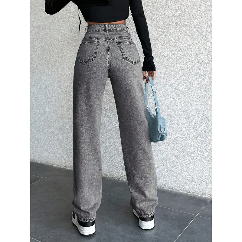 PETITE 100% Cotton Women Mid-Rise Washed Dark Color Straight Leg Jeans Fit Womenswear 1