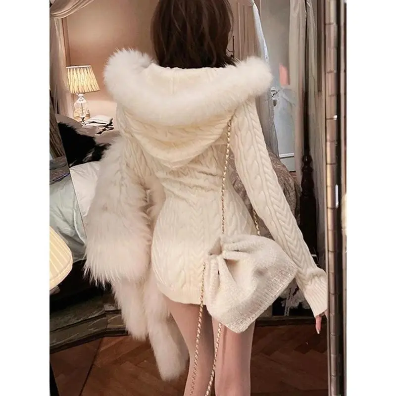 2023 Winter Knitted Sweater Dress with Hooded Women Slim Bodycon Y2k Mini Dress Faux Fur Female One Piece Dress Korean Elegant