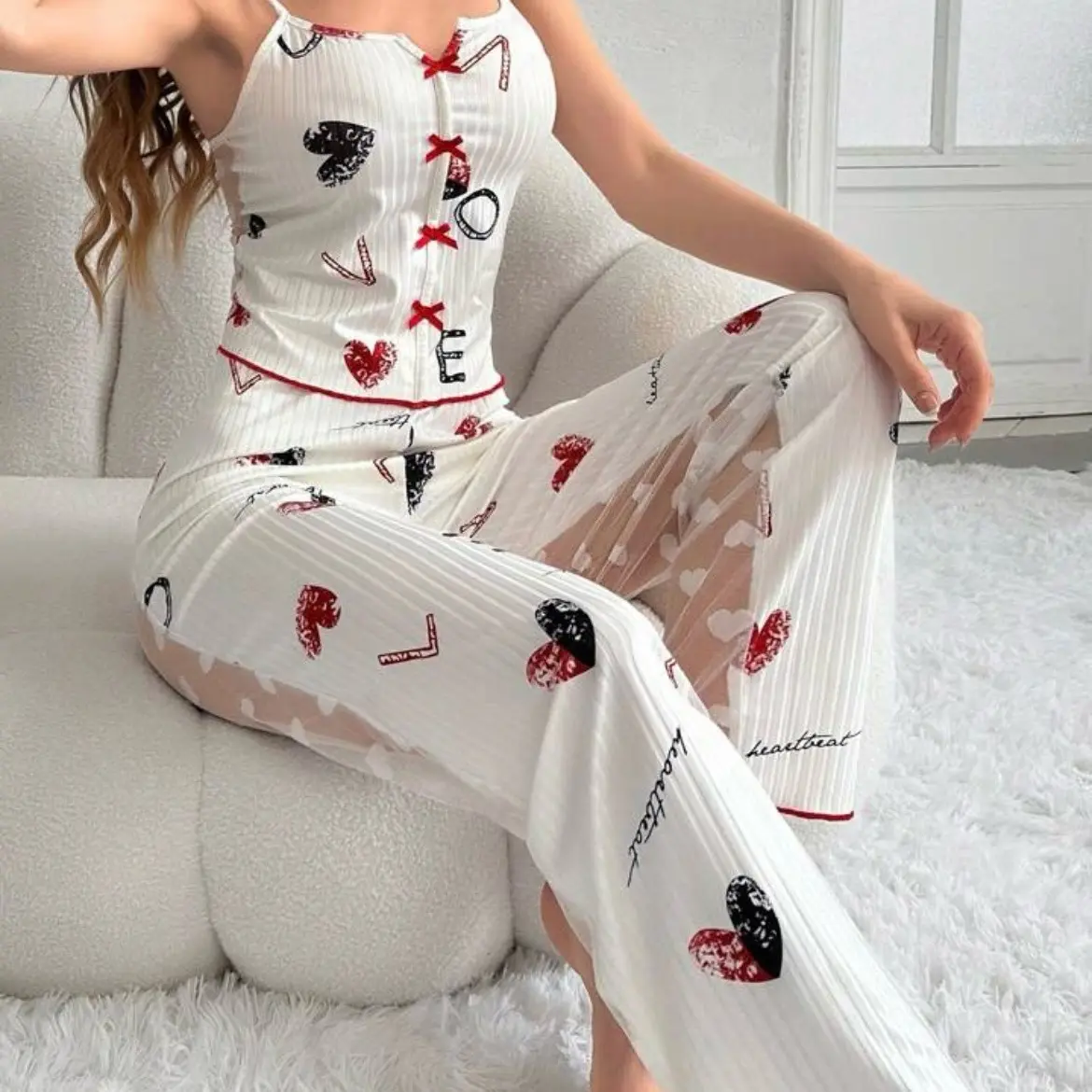 2024 new sexy European and American lace perspective clothing suspender trousers loungewear women's pajamas set