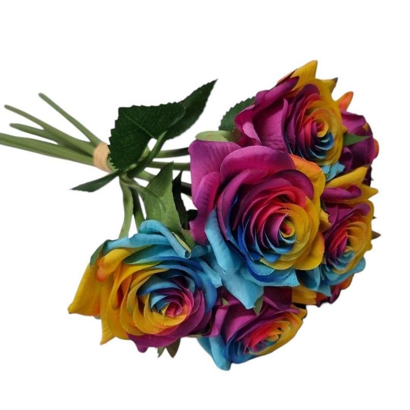35cm fresh touch diamond artificial rainbow rose 7 stems.  Display bouquet craft home decor vase filler faux fake flowers 1