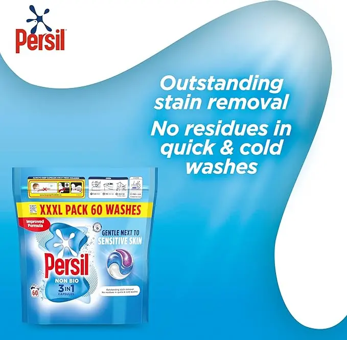 Persil Non Bio 3 in 1 Washing Capsules laundry capsules gentle next to sensitive skin for outstanding stain removal in quick & cold washes 60 washes 1