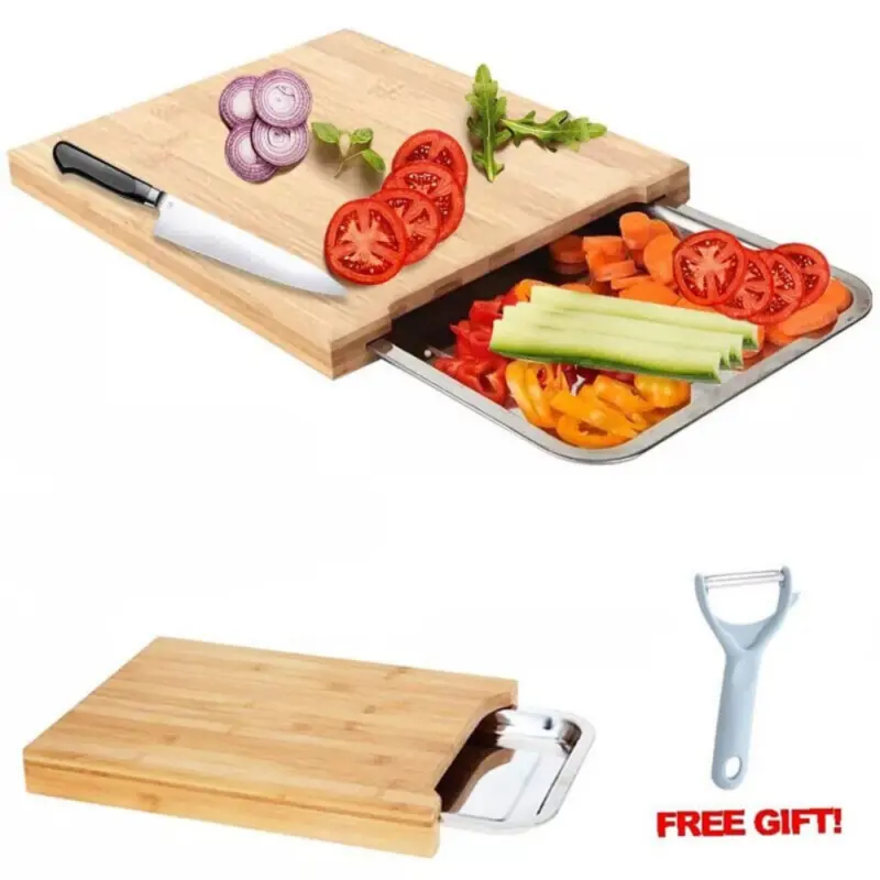 Bamboo Wooden Chopping Board Cutting Slicing + Sliding Stainless Steel Tray UK Handy Kitchen