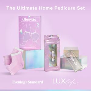 Glowxie Dream Feet Duo – Overnight Renewal Set | Contains 1x Glass Foot File, 2x Pairs Moisturising Gel Heel Socks | Restores Tired Feet, Cracked Heels, Callus and Dry Skin footfile