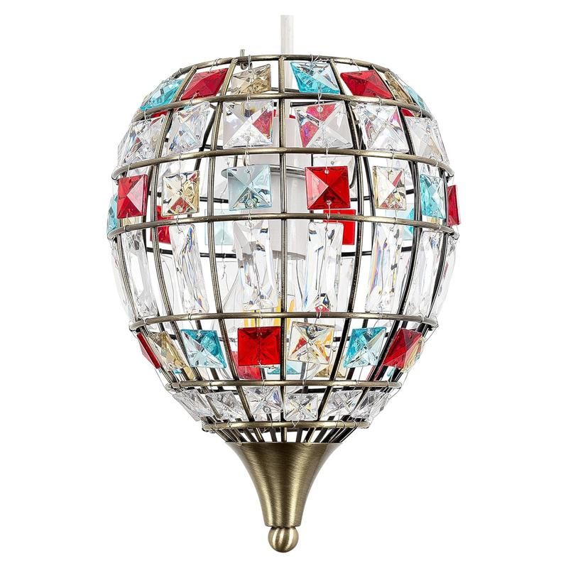 Traditional Antique Brass Cage & Multi-Coloured Acrylic Jewel Ceiling Pendant Light Shade 0