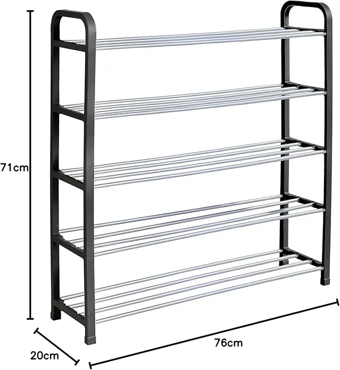 5 Tier Shoe Slots Rack - Space Saving Shoe Storage Organiser with Quick, Tool-Free Assembly - Shoe Slots Holds 15-20 Pairs - Dimensions (L) 75.5cm x (W) 18.5cm x (H) 75.5cm - Black Metal Minimalist Multicolor Slide 3