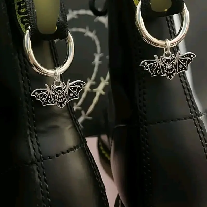 Pair of Silver & Black Coloured Bat Metal Dr Martin Leather Boot Charms - Brand New - Goth Horror Halloween